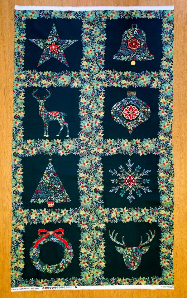 Fabric Panel - Good Tidings Squares Green Design - Panel 55