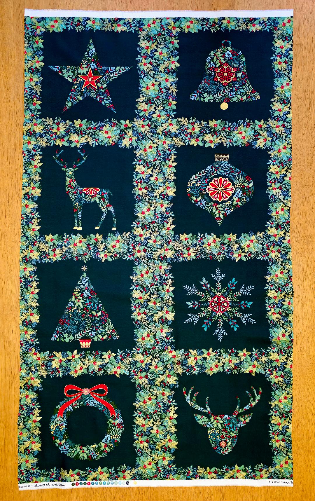 Fabric Panel - Good Tidings Squares Green Design - Panel 55